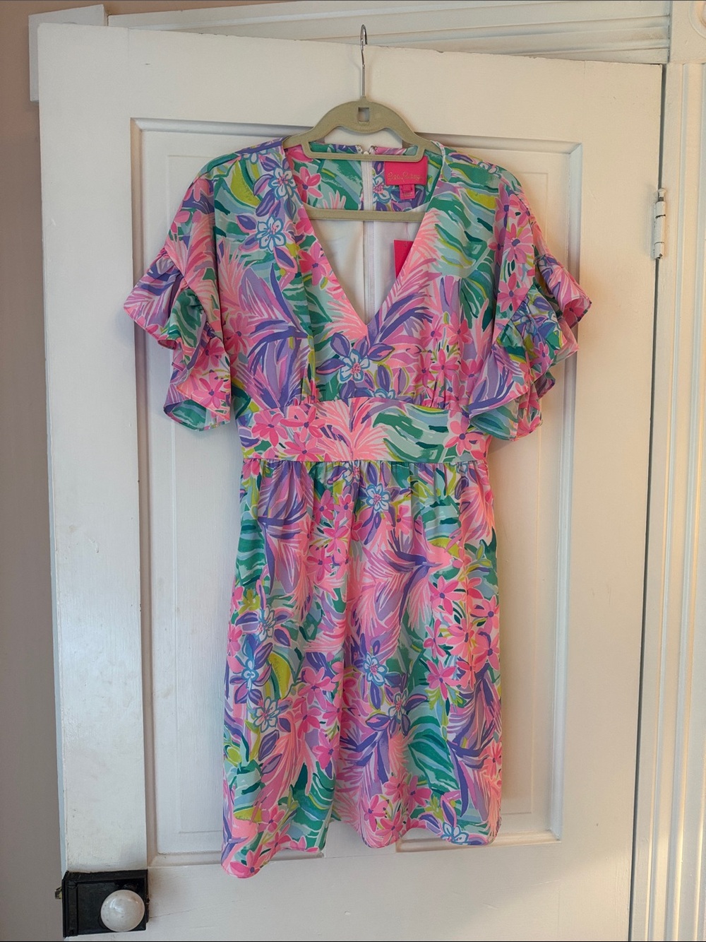 Lilly Pulitzer Pink Tropical Floral V-Neck Flutter Sleeve Dress